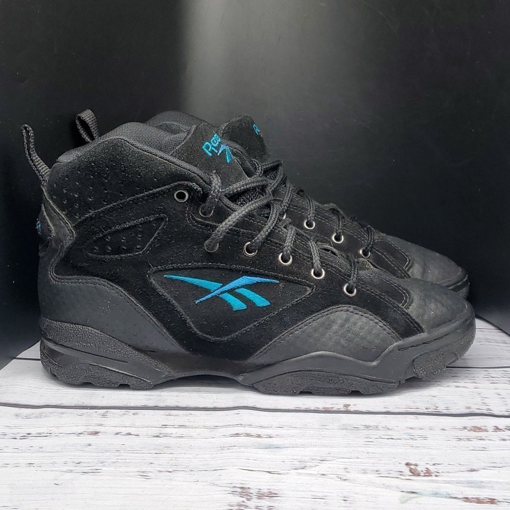 Reebok Vintage Black Suede High Top Sneakers Teal Embroidery Size Women's 9.5